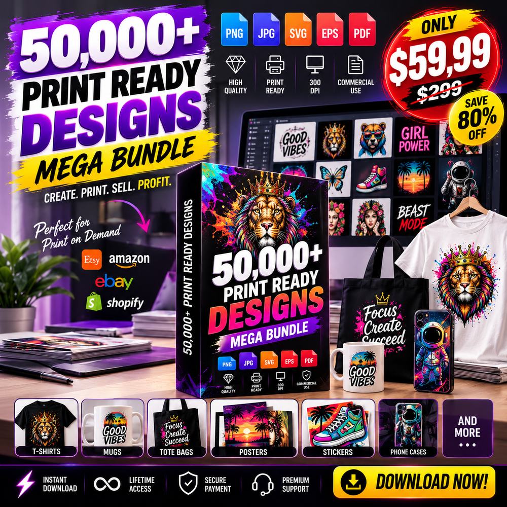 Print-ready designs on t-shirts, mugs, tote bags