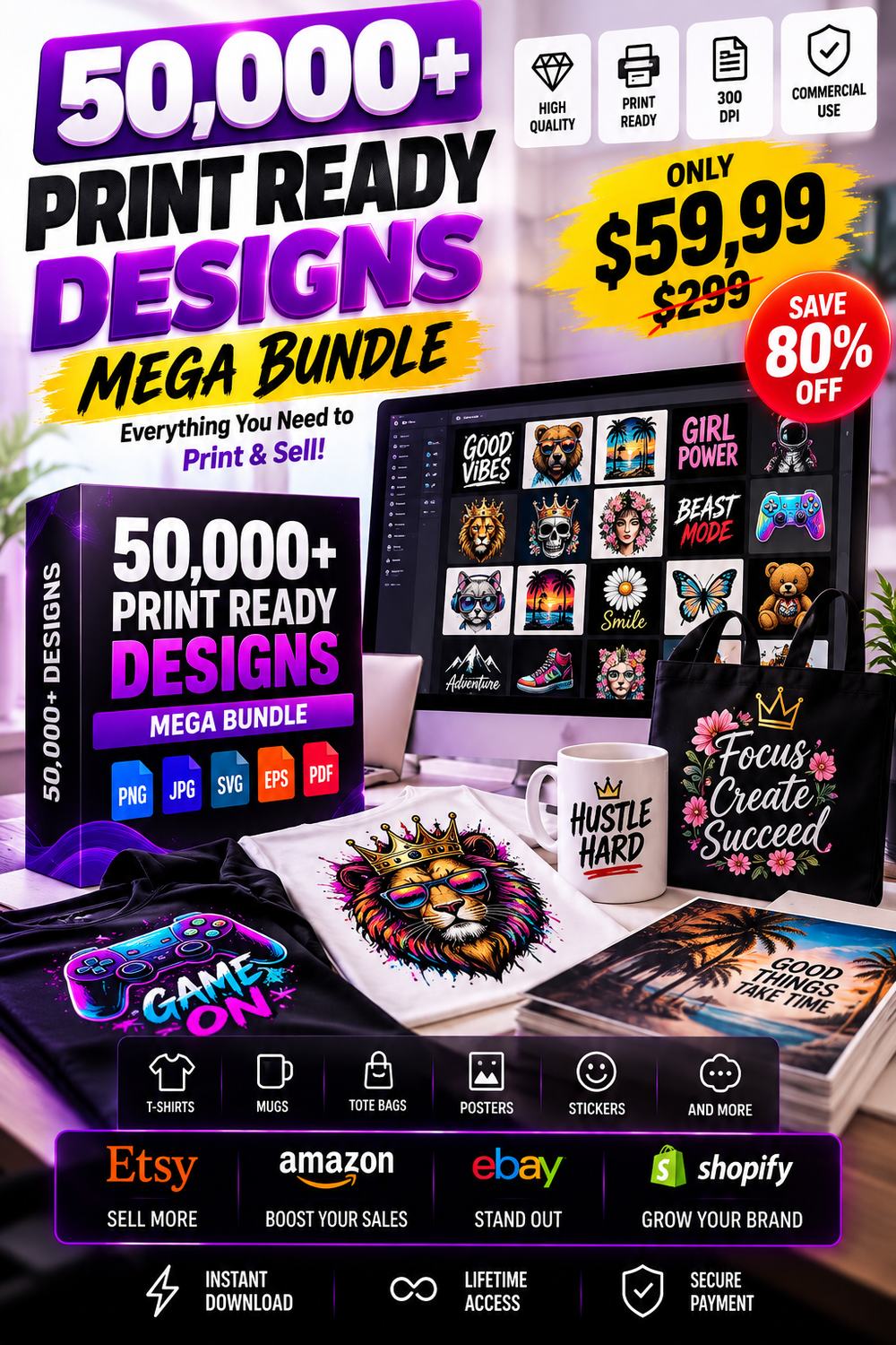 Sell these designs on Etsy, Amazon, eBay, Shopify